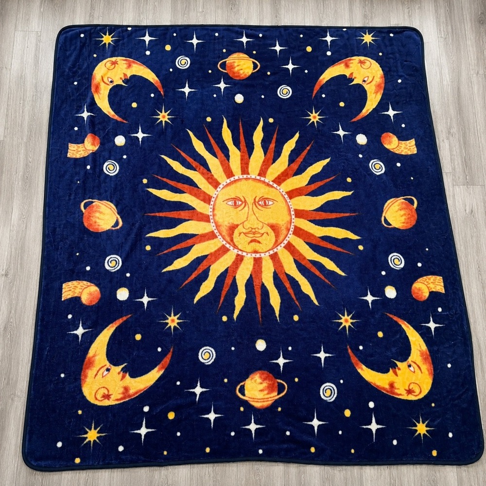 Vintage King Size Celestial Sun Moon Stars Navy Blue Plush Blanket 91x87